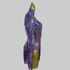 Purple Sequin Fringe Bodysuit - Sparkly Tassel Performance Leotard for Stage & Dance