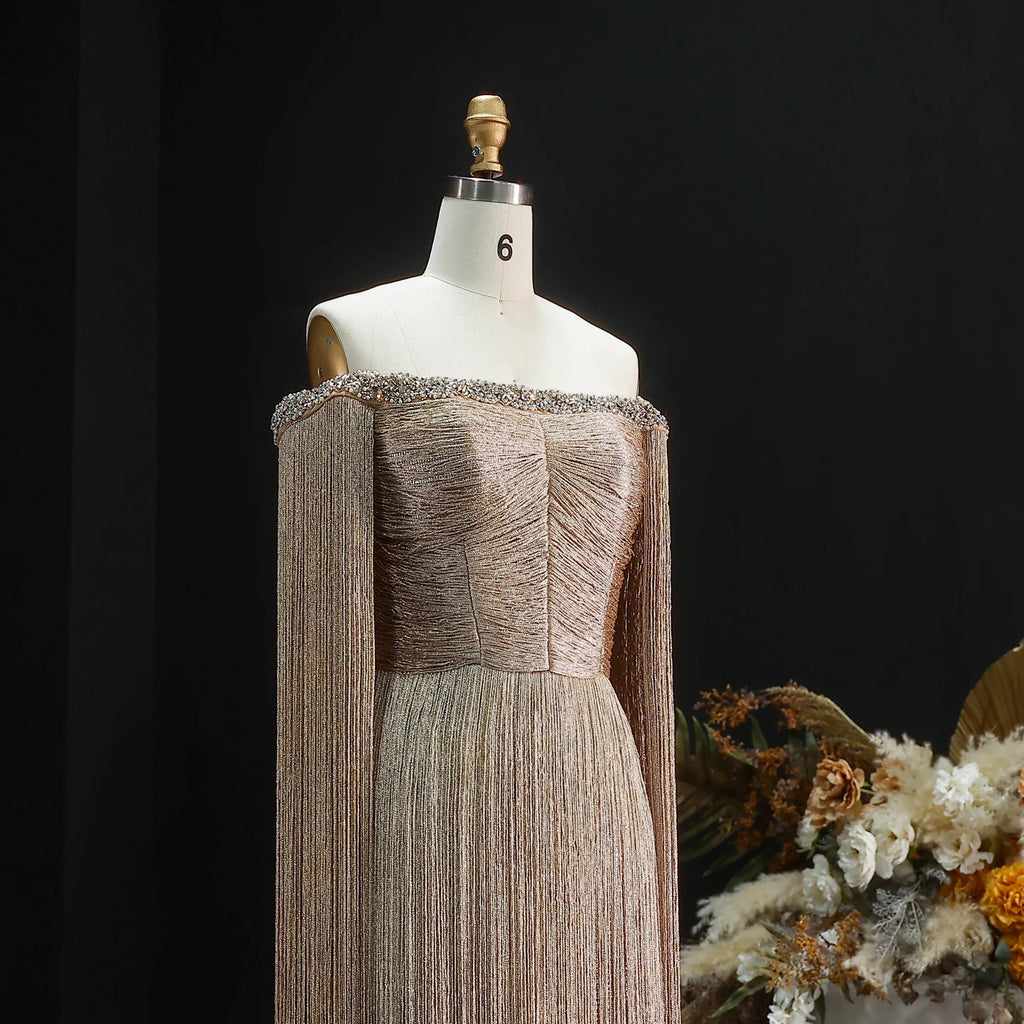 Gold Tassel Formal Gown | Off-Shoulder | Floor-Length