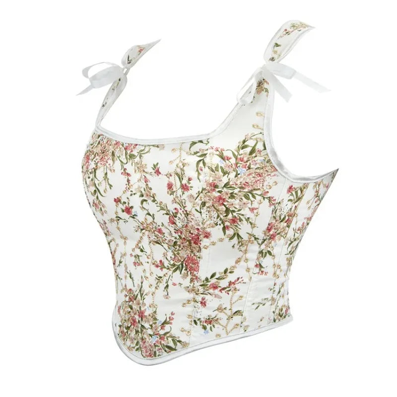 Floral Print Overbust Corset | Straps & Lace-Up | Vintage