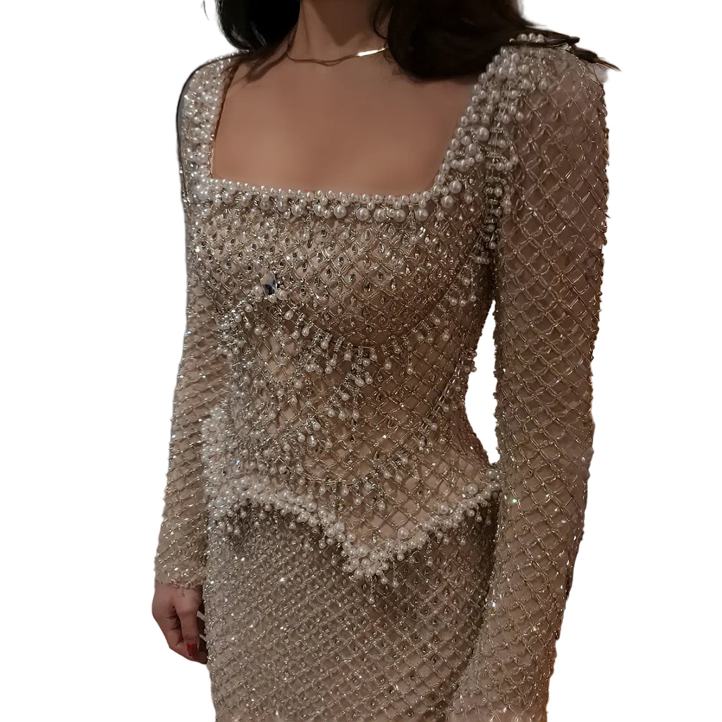 Crystal Beaded Mermaid Gown | Long Sleeve | Square Neck