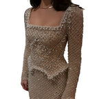 Crystal Beaded Mermaid Gown | Long Sleeve | Square Neck