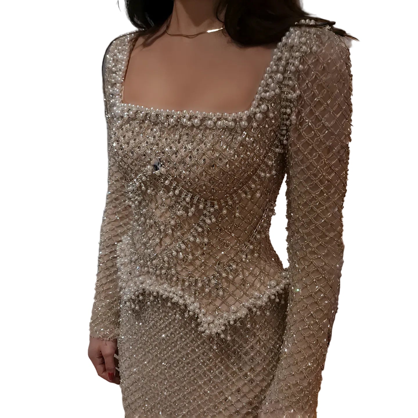 Crystal Beaded Mermaid Gown | Long Sleeve | Square Neck