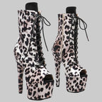 17CM Leopard Print Platform Ankle Boots - Open Toe 7 Inch High Heel Pole Dance Boots