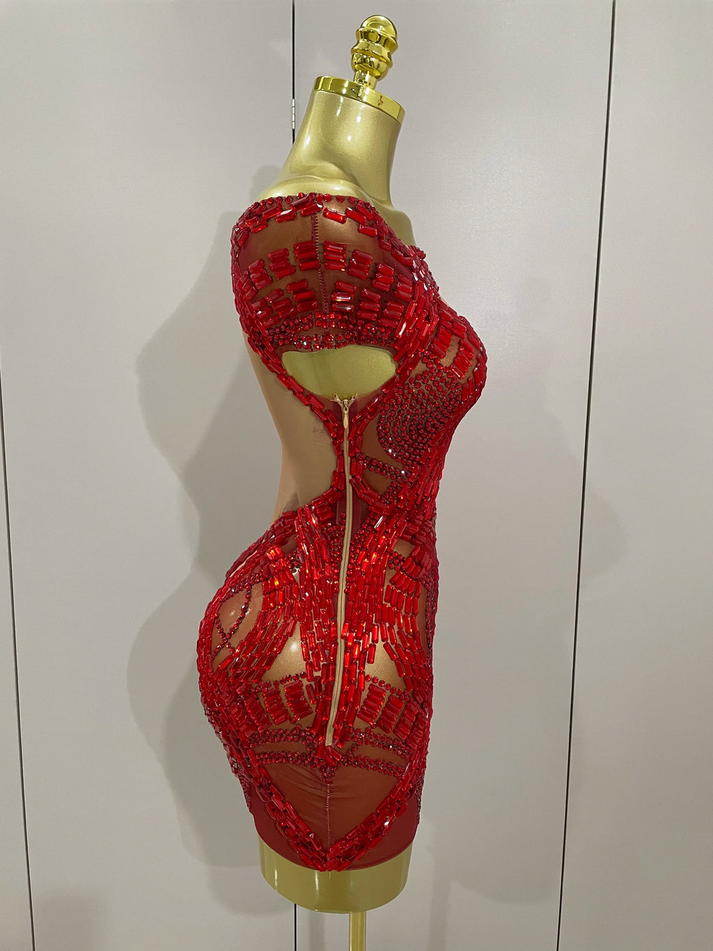 Rhinestone Cutout Mesh Mini Dress | Off-Shoulder | Stage & Performance