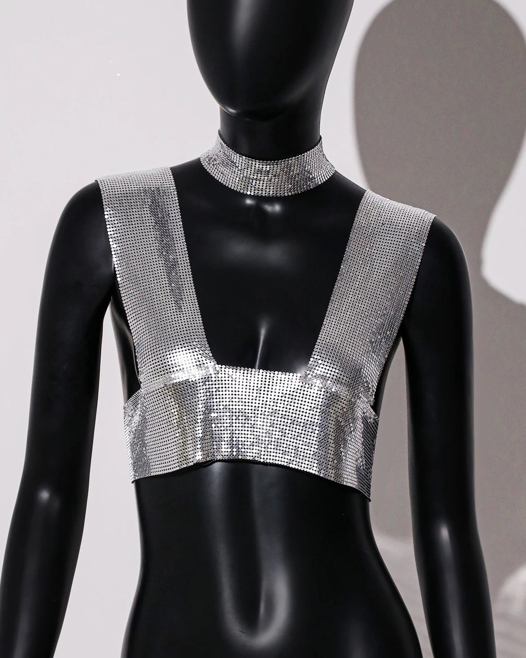 Sequin Choker Crop Top - Backless V-Neck Performance Cami