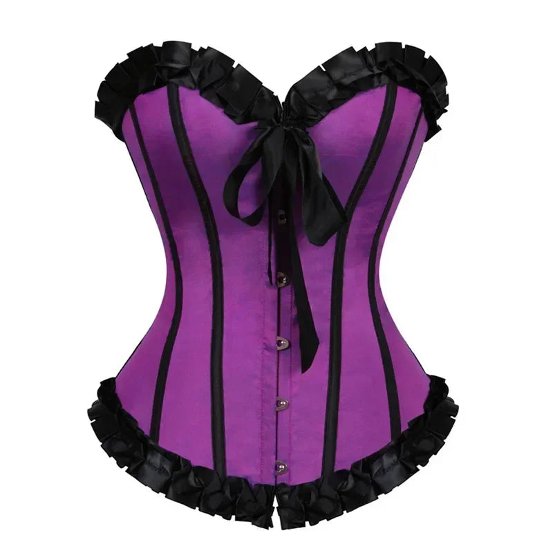 Satin Overbust Corset | Ruffle Trim | Lace-Up Back