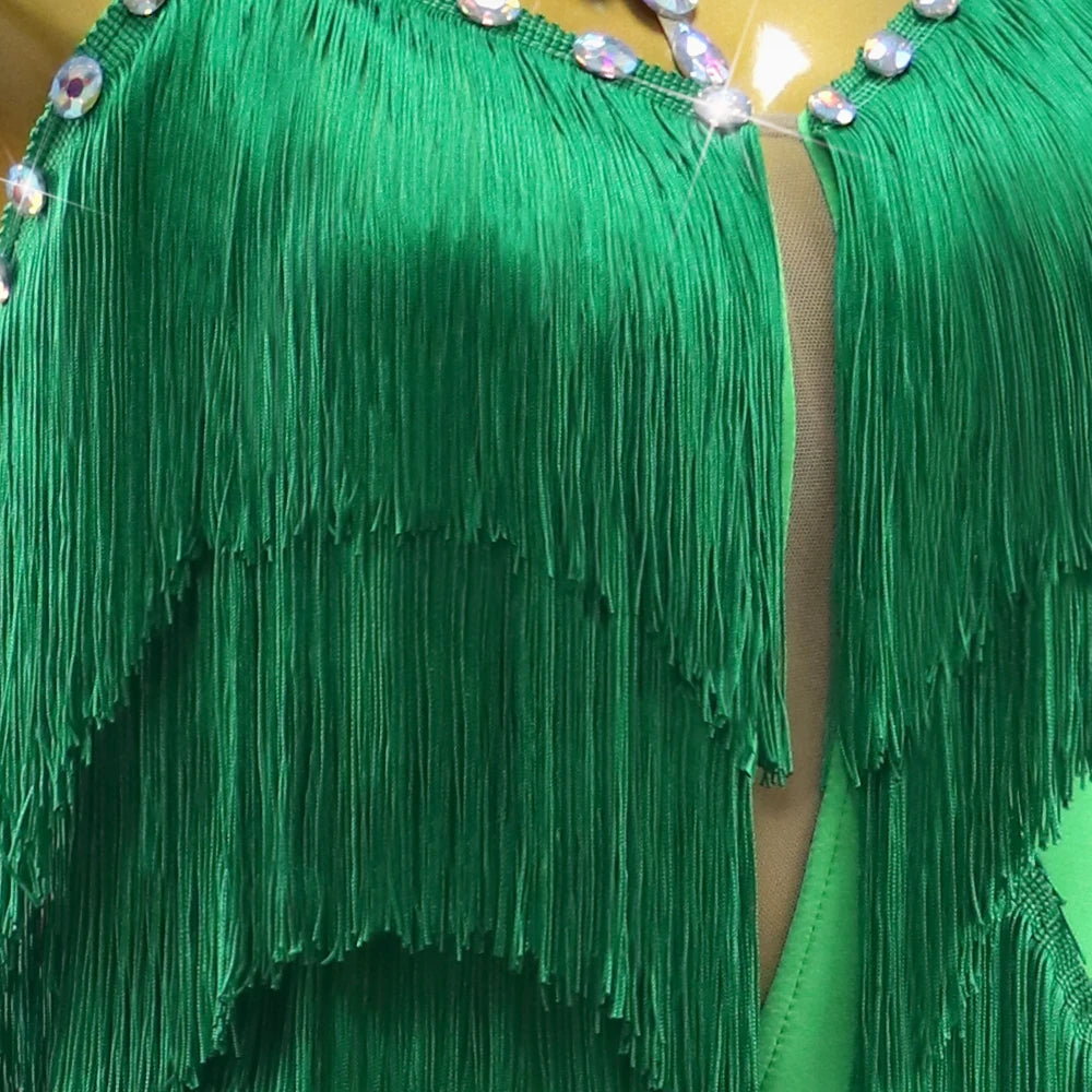 Green Latin Samba Fringe Dance Dress – Rhinestone Tassel Stage Costume