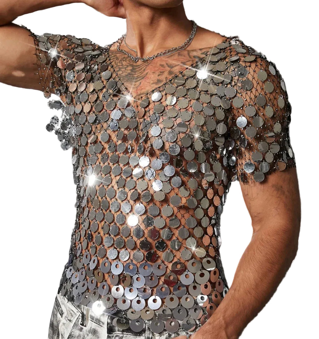 Men’s Sequin Mesh Top | Silver Discs