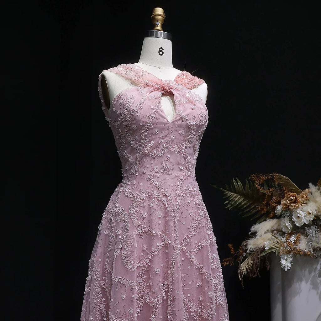 Pearl Beaded V-Neck A-Line Pageant Gown | Criss-Cross | Gray & Gradient Pink