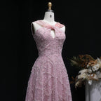 Pearl Beaded V-Neck A-Line Pageant Gown | Criss-Cross | Gray & Gradient Pink
