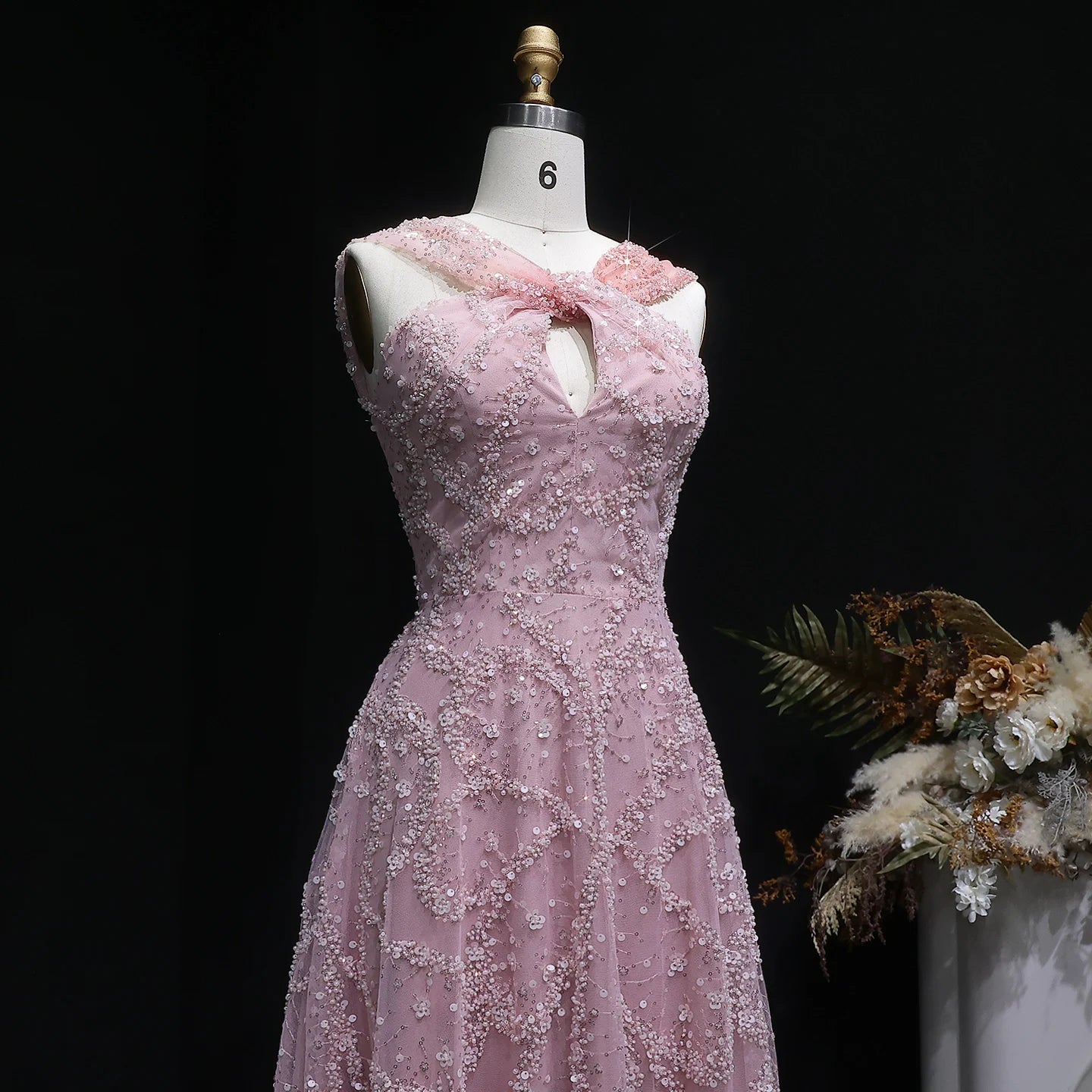 Pearl Beaded V-Neck A-Line Pageant Gown | Criss-Cross | Gray & Gradient Pink