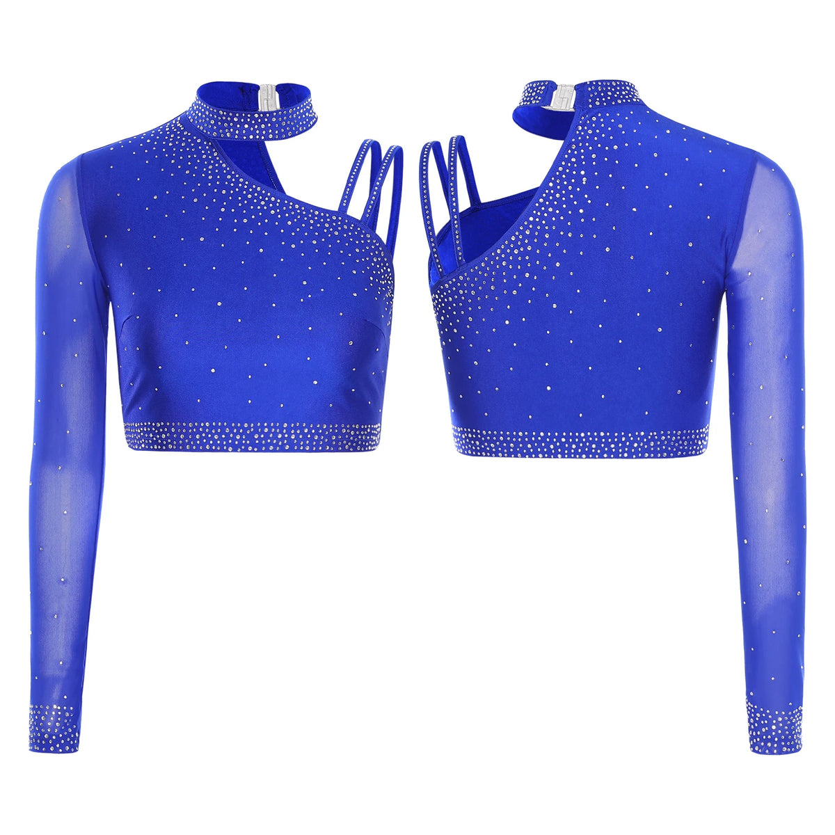 Rhinestone Asymmetric Dance Crop Top | One Mesh Sleeve | Latin Salsa Samba
