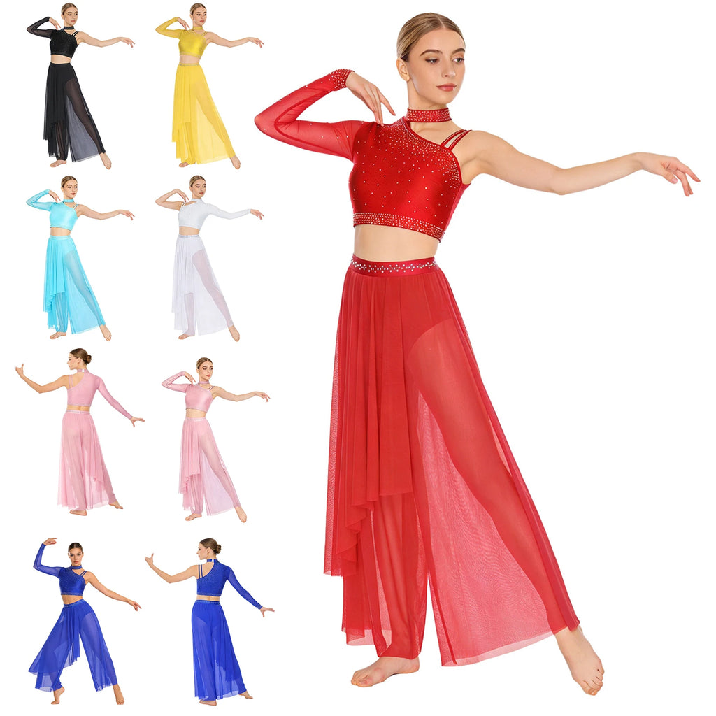 Rhinestone Crop Top & Sheer Pants Set | Lyrical Dance | Built-In Brief