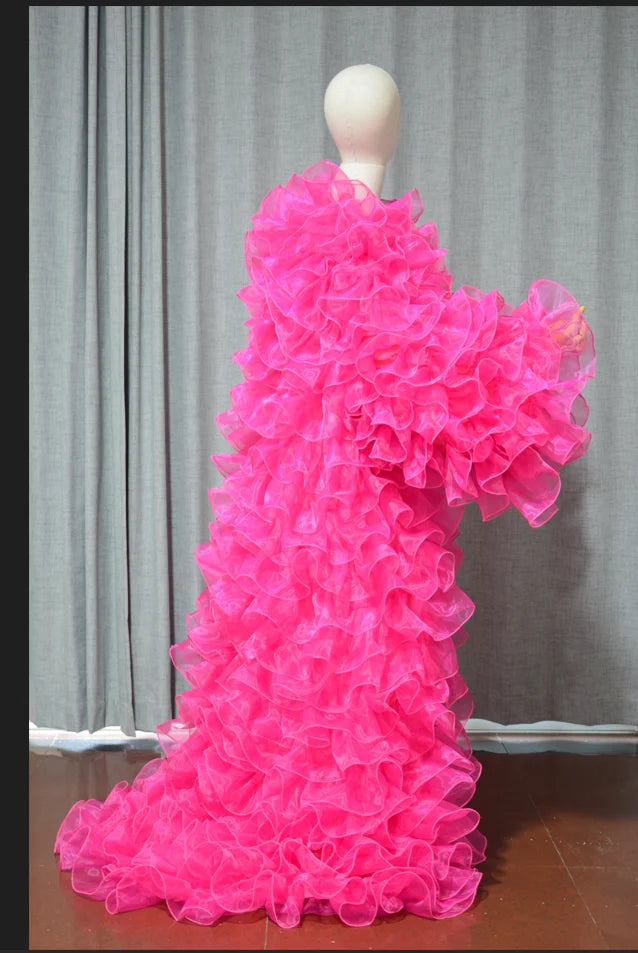 Pink Ruffle Organza Floor-Length Robe Jacket | Burlesque | Drag | Hollywood Glamour
