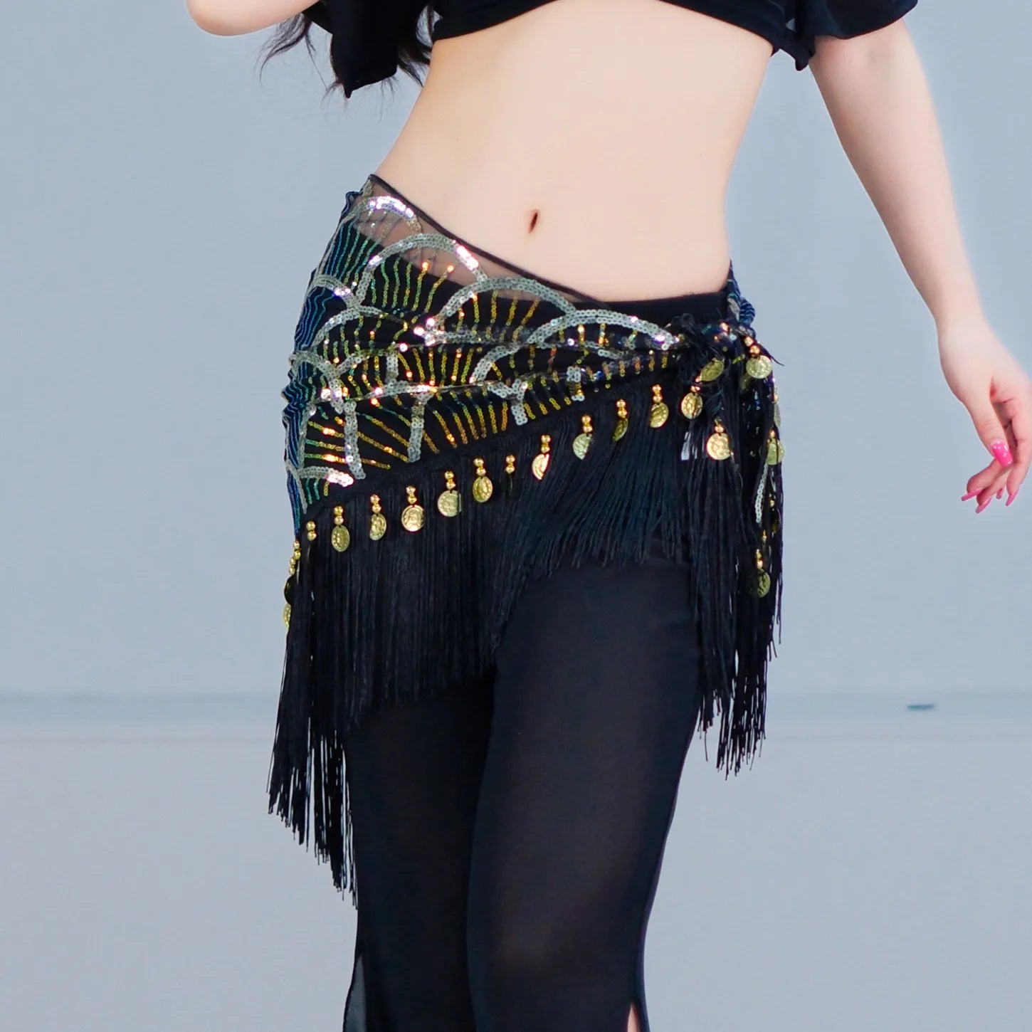 Belly Dance Hip Scarf | Sequin Fringe | Gold Coins