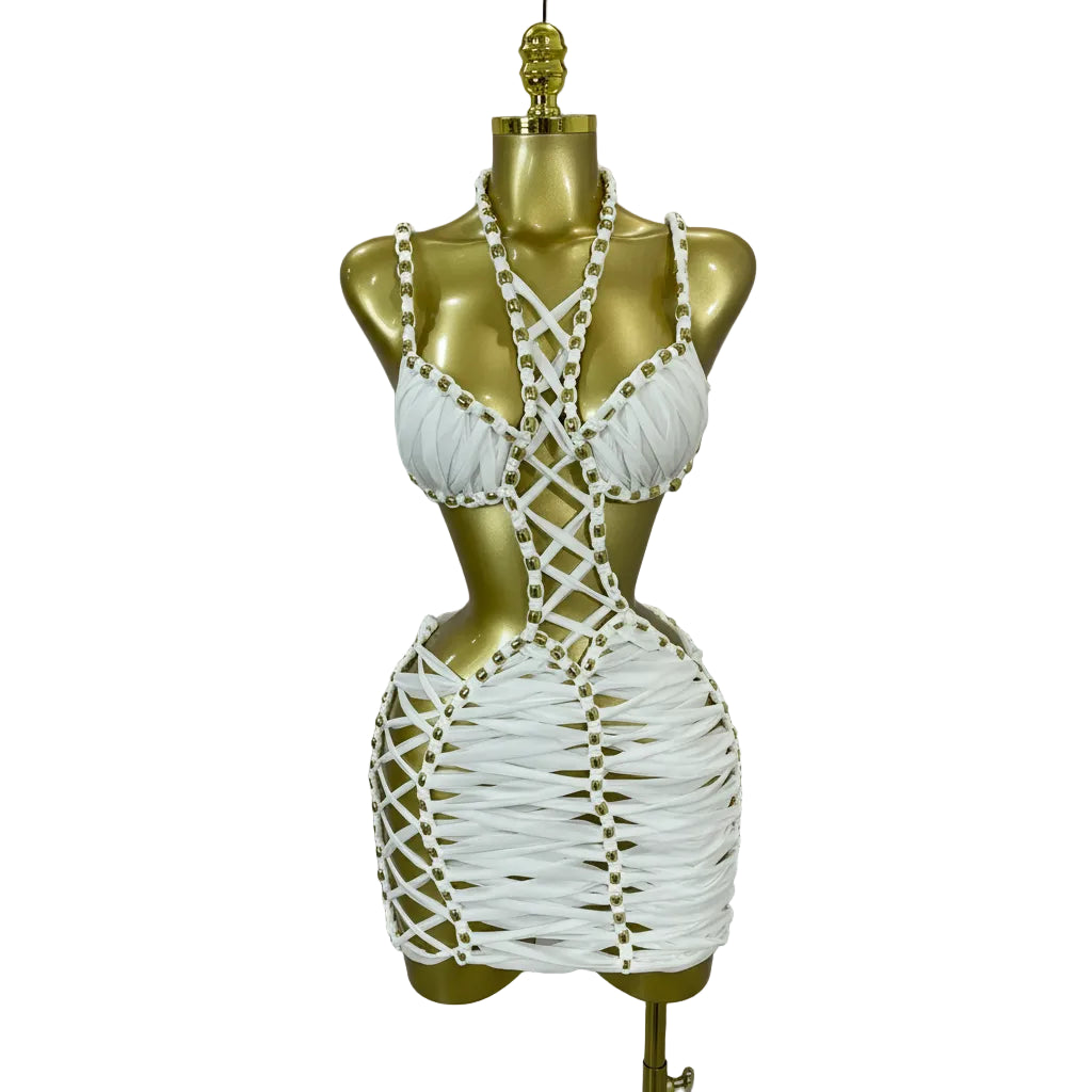 White Lattice Cut-Out Mini Dress | Halter | Backless