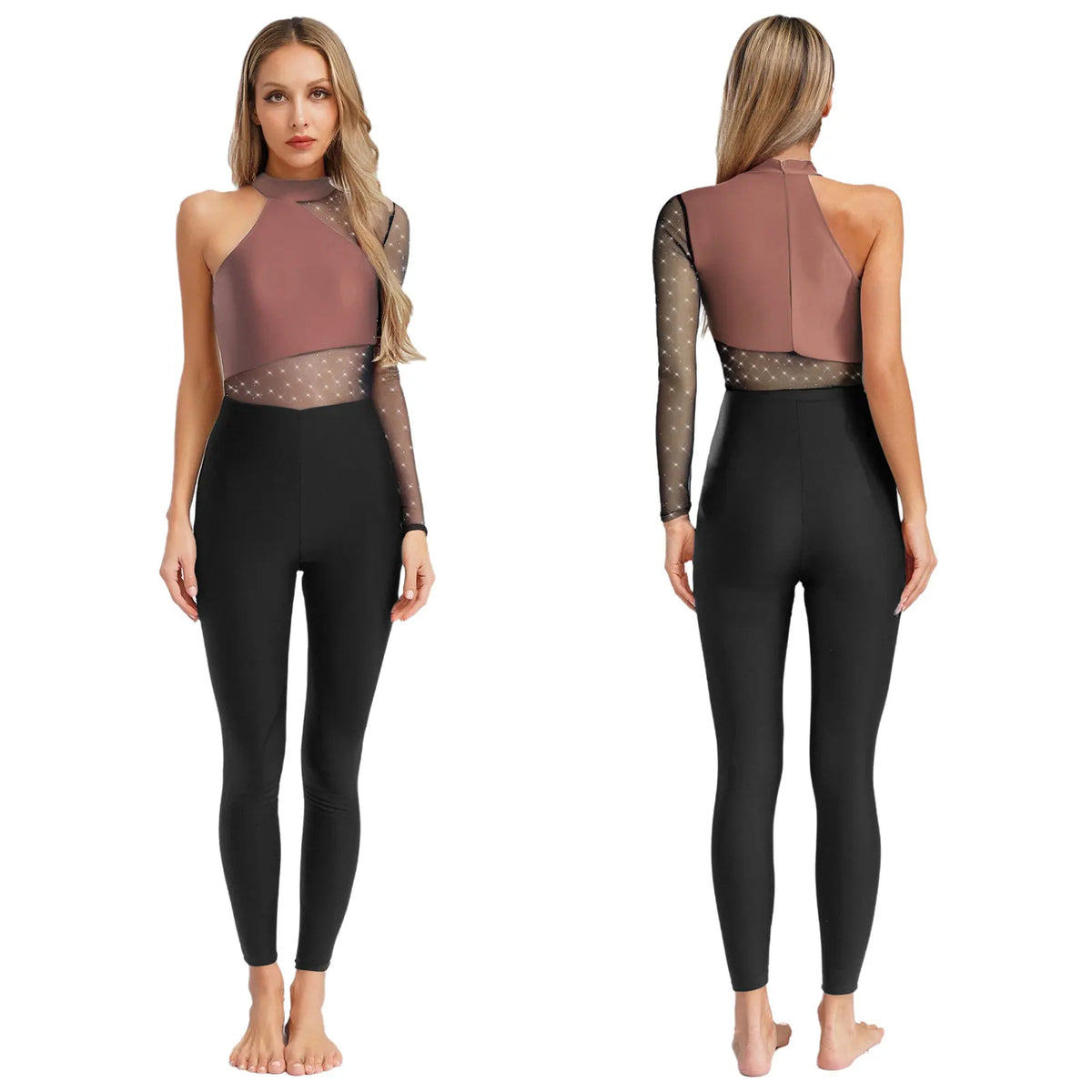 One Shoulder Rhinestone Mesh Jumpsuit | Dance Unitard