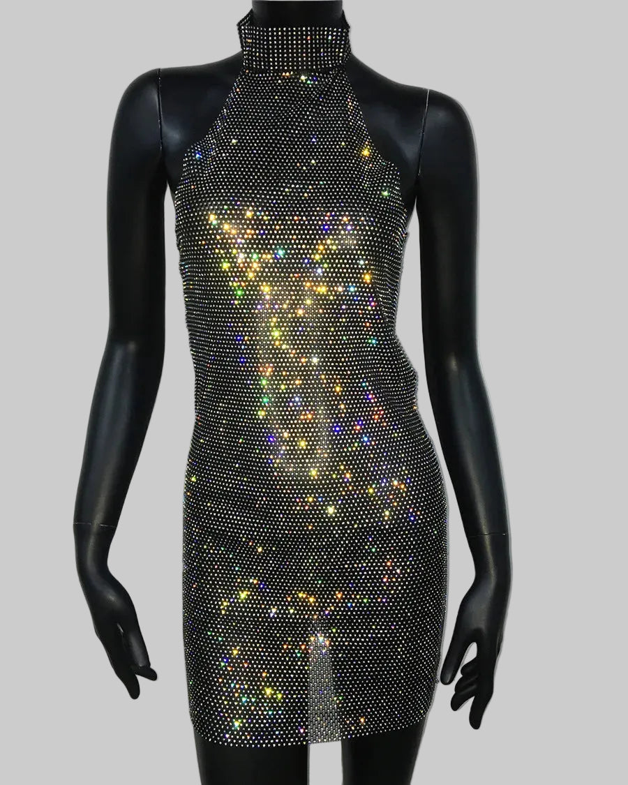 Rhinestone Halter Mini Dress - Backless Sheer Performance Dress
