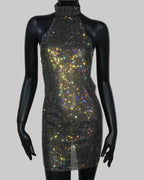 Rhinestone Halter Mini Dress - Backless Sheer Performance Dress