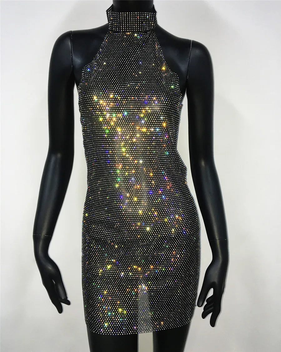 Rhinestone Halter Mini Dress - Backless Sheer with Turtleneck