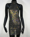 Rhinestone Halter Mini Dress - Backless Sheer with Turtleneck
