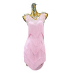 Pink Rhinestone Latin Dance Dress with Tassel Details