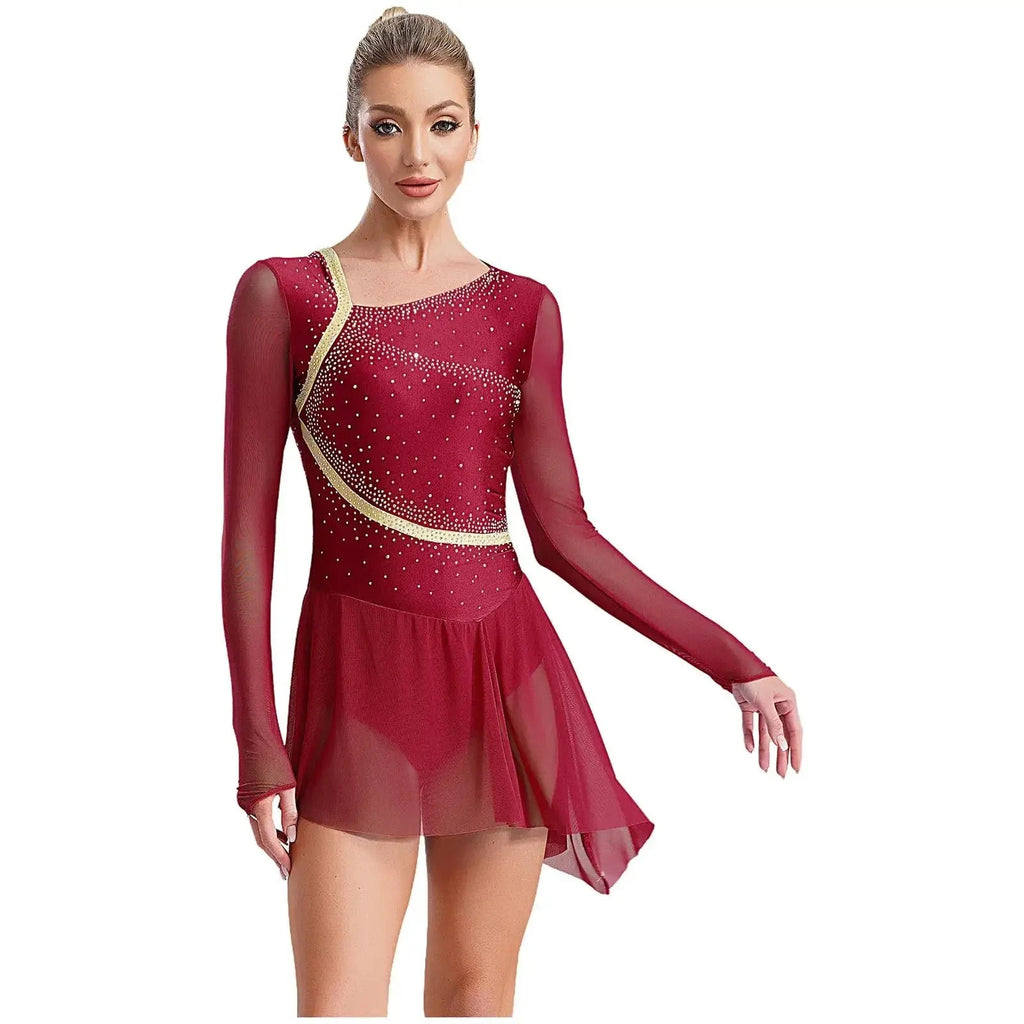 Rhinestone Mesh Skating Dress | Long Sleeve | Backless