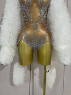 Rhinestone Crystal Bodysuit & Faux Fur Coat | Stage Performance Set