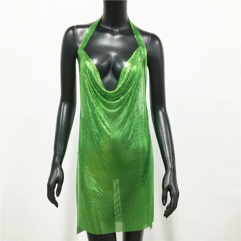 Metal Sequin Halter Mini Dress - Backless V-Neck Side Split Dress