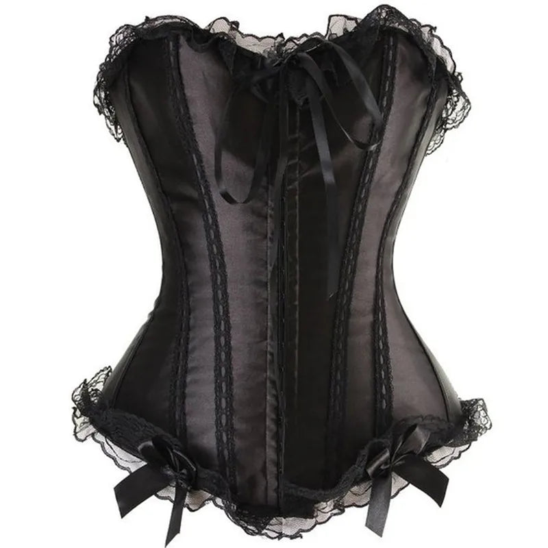 Black Gothic Overbust Corset | Hi-Low Ruffle Skirt | Lace Trim | XXS–6XL
