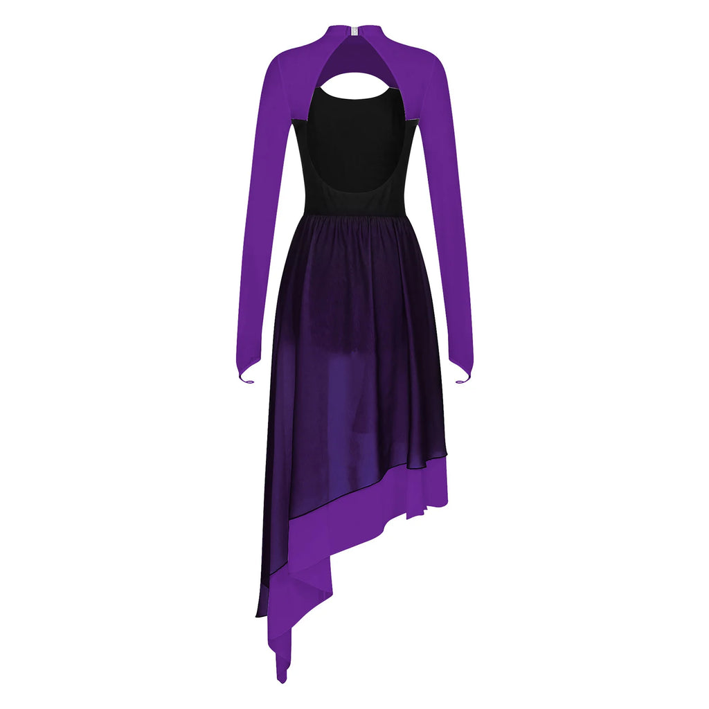 Lyrical Dance Dress | Cutout Back & Mesh Sleeves | Irregular Hem