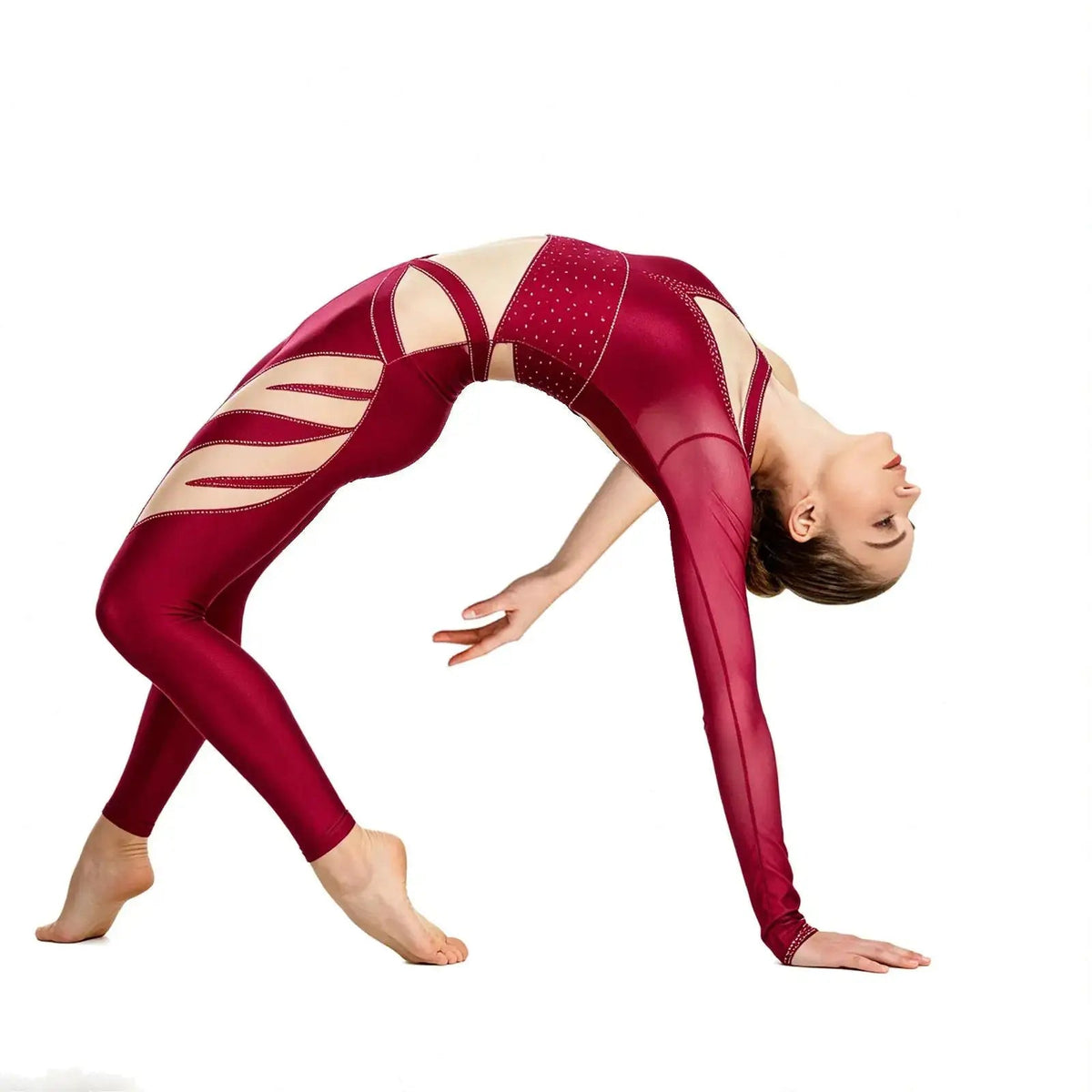 Women's Rhinestone Gymnastics Unitard | Mesh Patchwork & Asymmetric Shoulder | Performance Jumpsuit