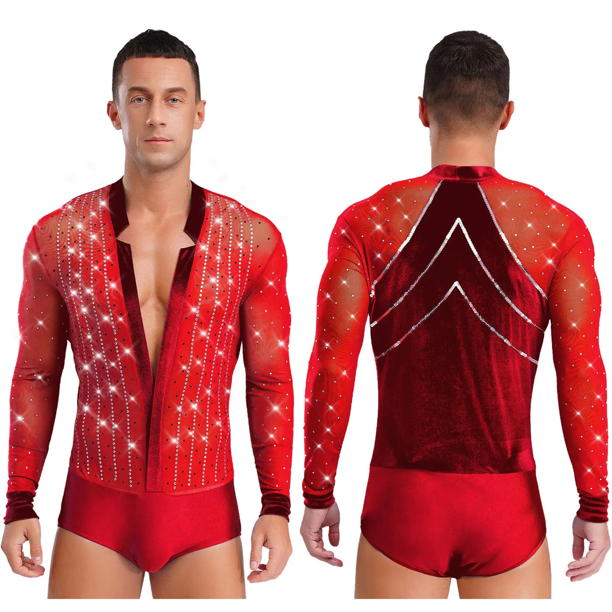 Men's Rhinestone Dance Leotard | Deep V-Neck & Velvet Mesh Patchwork | Long Sleeve