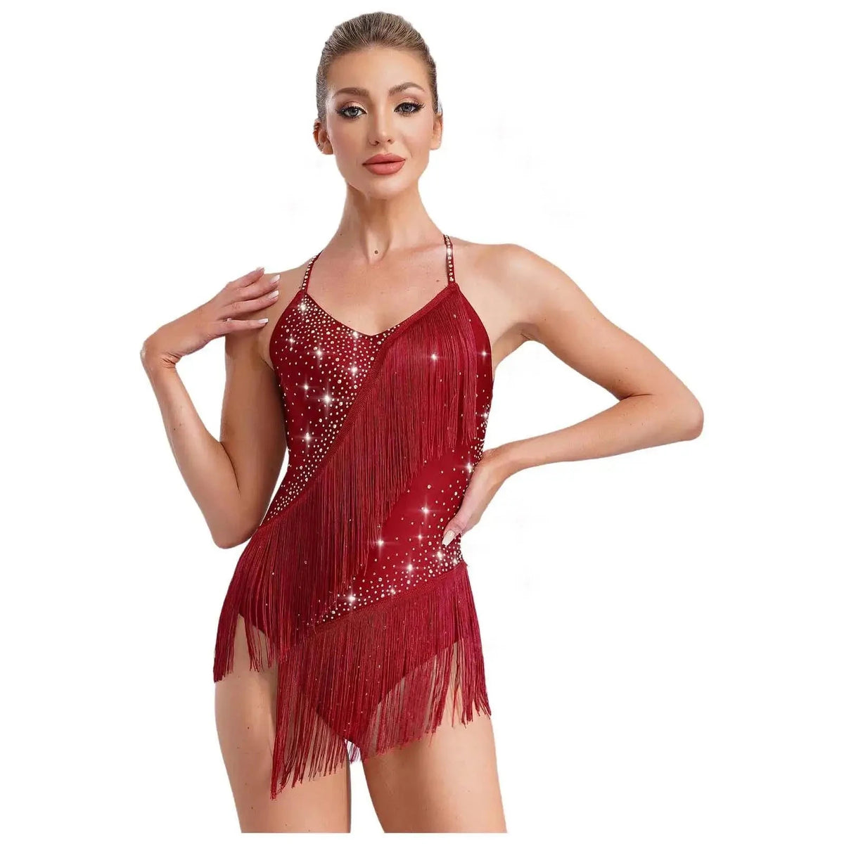 Rhinestone Tassel Latin Leotard | Halter Neck | Backless | Fringe Skirt