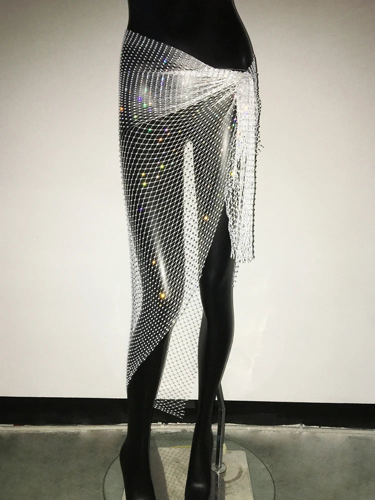 Rhinestone Mesh Bandage Mini Skirt