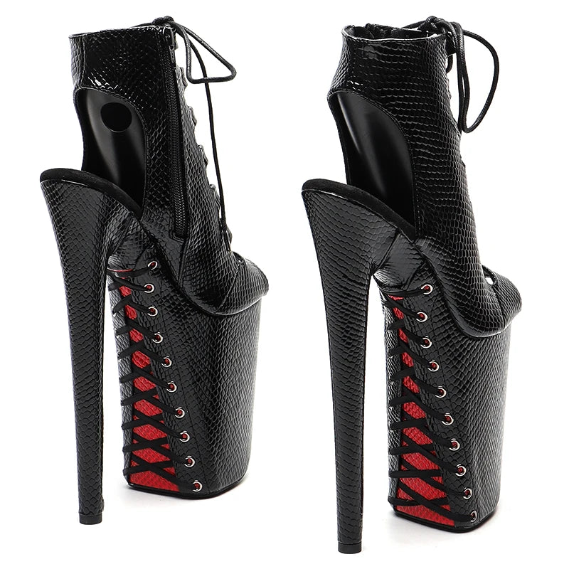 Snakeskin Open-Toe Platform Ankle Boots – 9-Inch Pole Dance Heels, Black