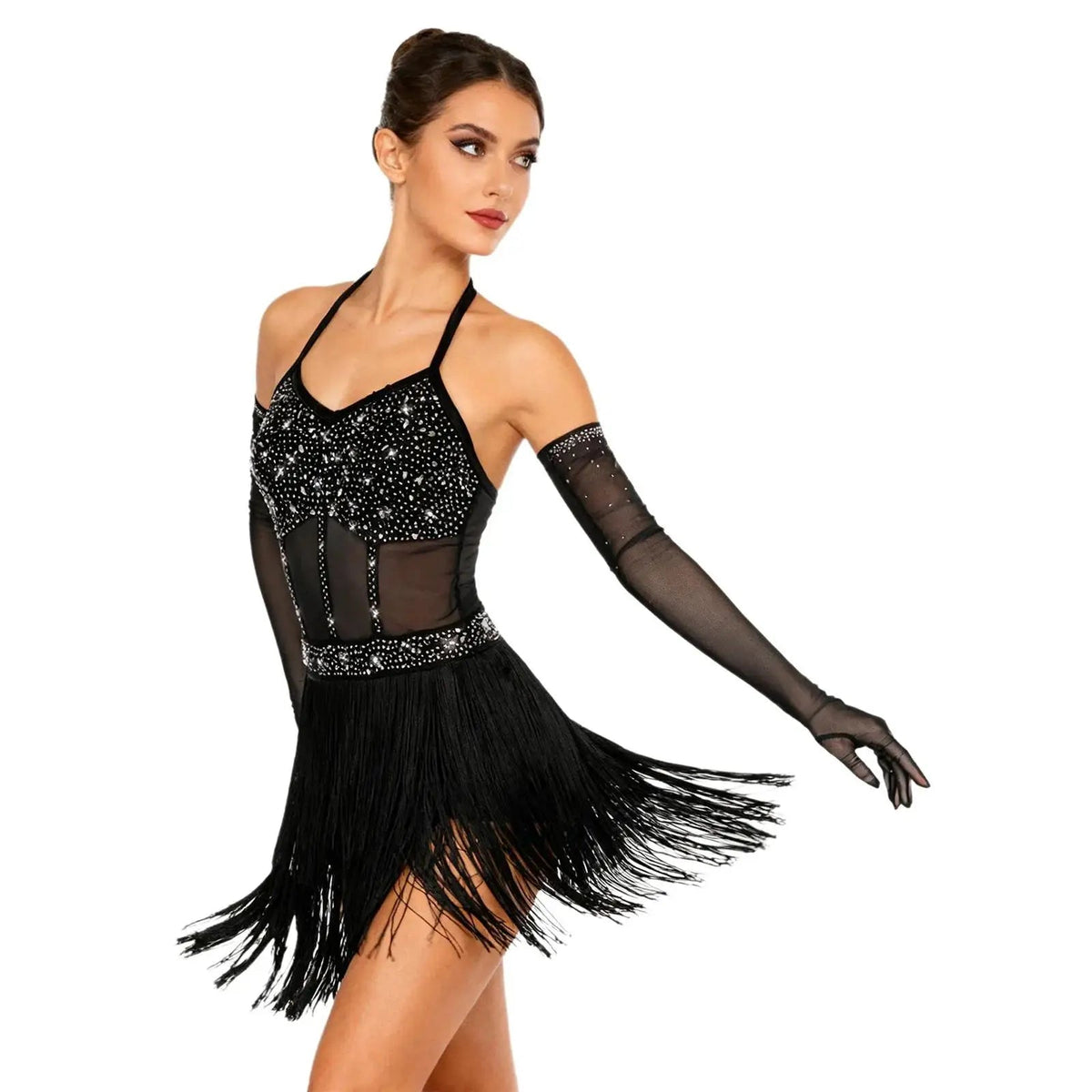 Women's Rhinestone Fringe Latin Dance Dress | Sheer Mesh & Tiered Tassel Skirt | Includes Arm Gloves