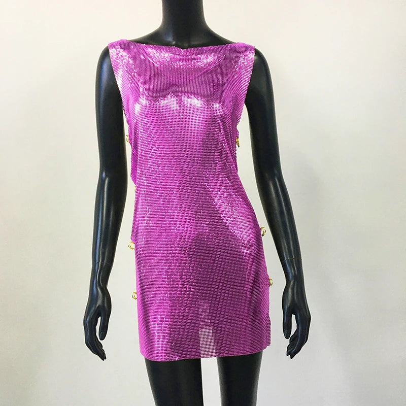 Metallic Sequin Mini Dress - Backless Sheer Party Dress