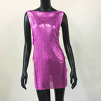 Metallic Sequin Mini Dress - Backless Sheer Party Dress