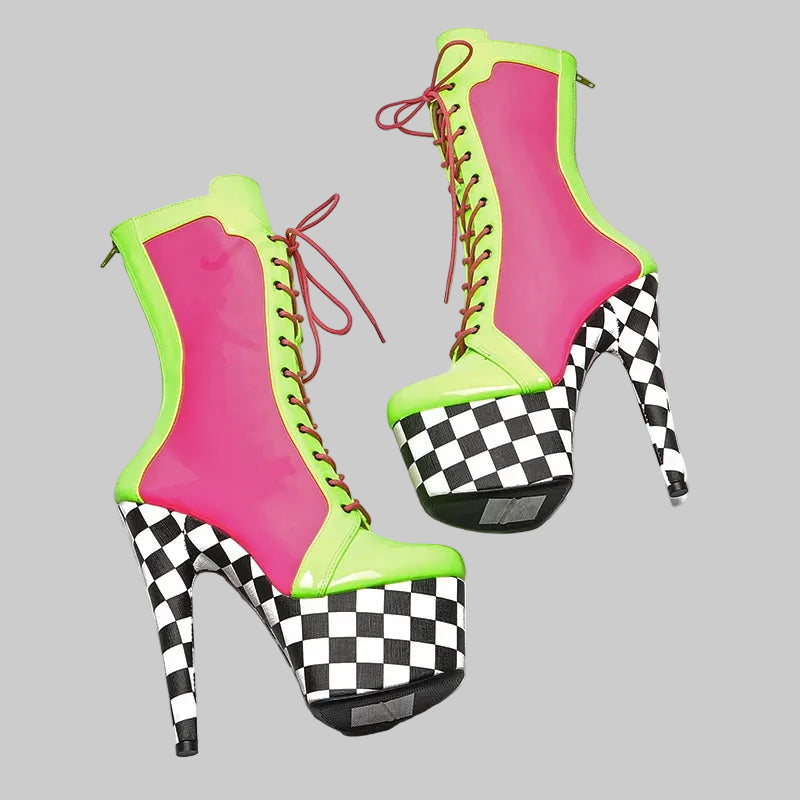 7-Inch Color Block Ankle Boots - Patent Platform Pole Dance Heels