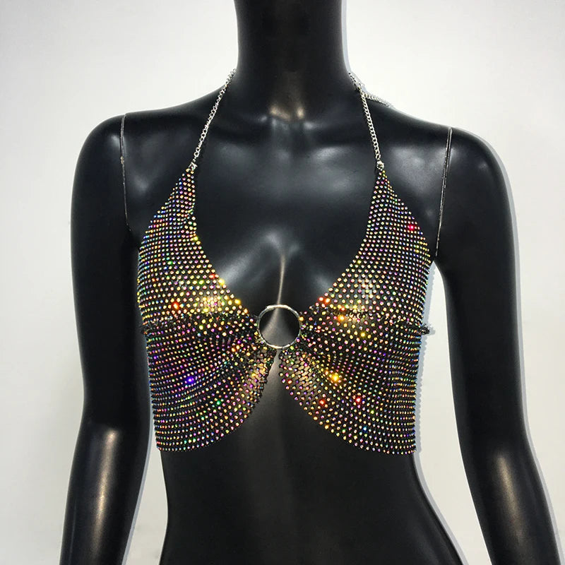 Crystal Fishnet Halter Crop Top - Metal Chain Push-Up Camisole for Stage