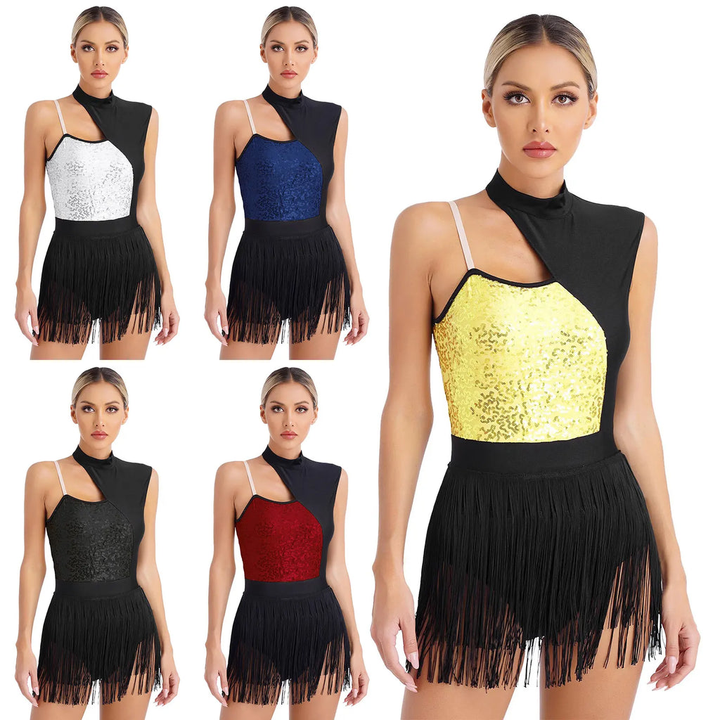 Sequin Tassel Latin Dance Dress | One-Shoulder | Fringe Skirt