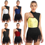 Sequin Tassel Latin Dance Dress | One-Shoulder | Fringe Skirt