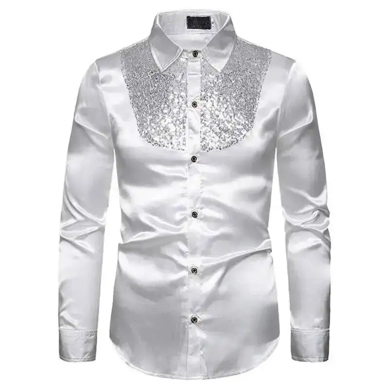 Men's Satin Sequin Shirt | Sequin Collar Panel | Stage