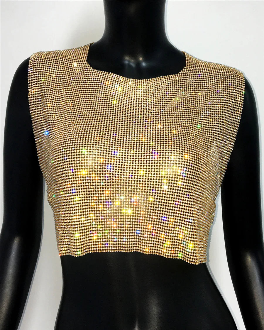 Rhinestone Backless Camisole - Sequin Metal Tank Top