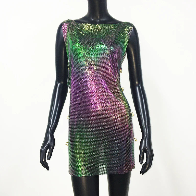Metallic Sequin Mini Dress - Backless Sheer Party Dress
