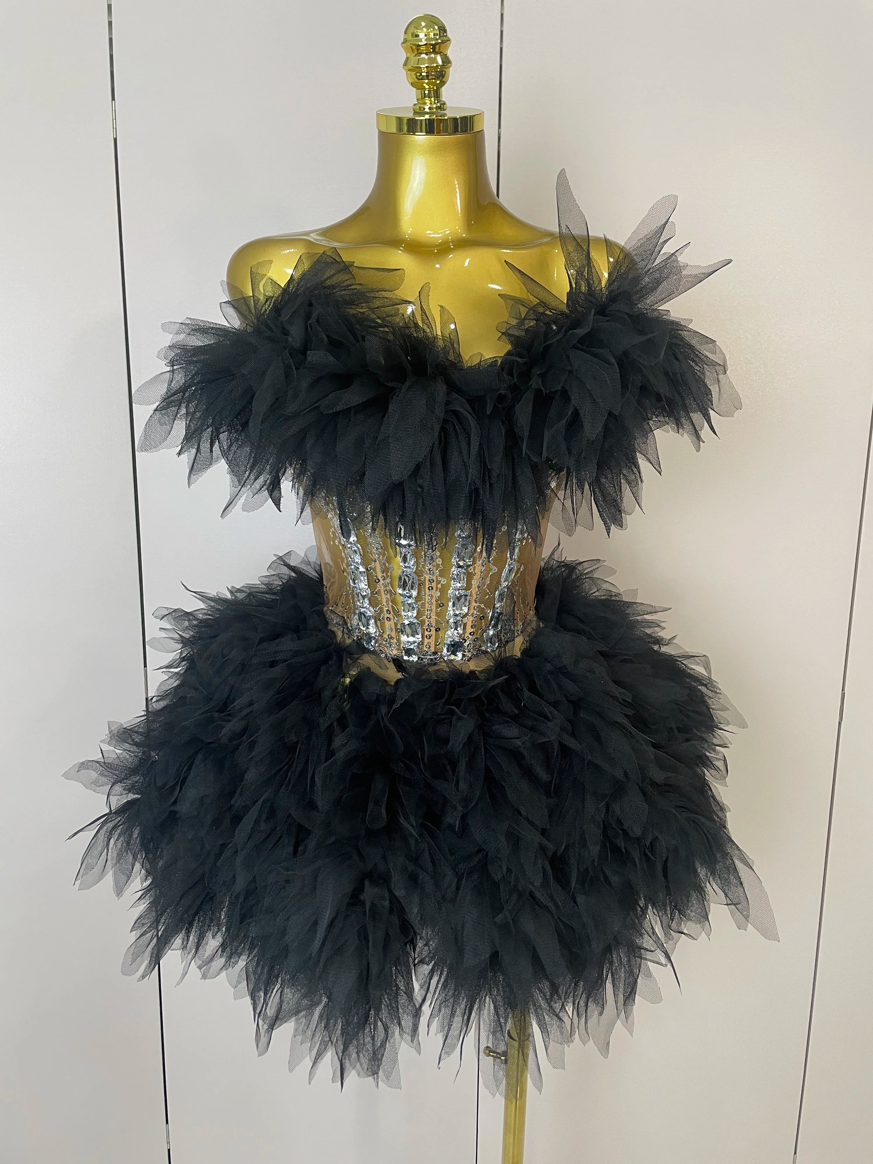 Feather Two-Piece Set | Rhinestone Corset Waist | Stage Costume