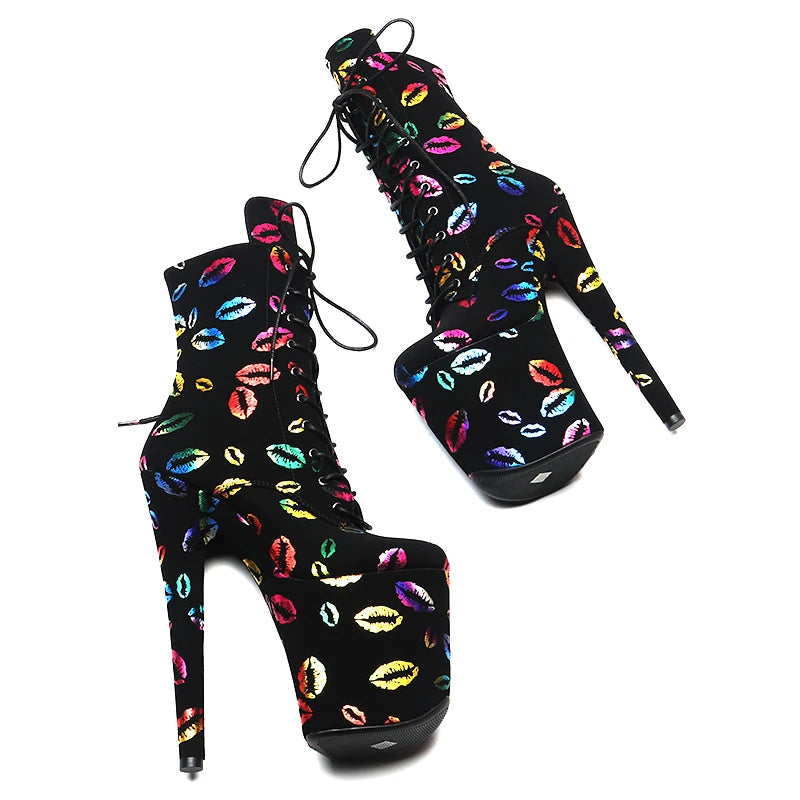 Lip Print Platform Ankle Boots - 8 Inch Fashion Pole Dance Boots