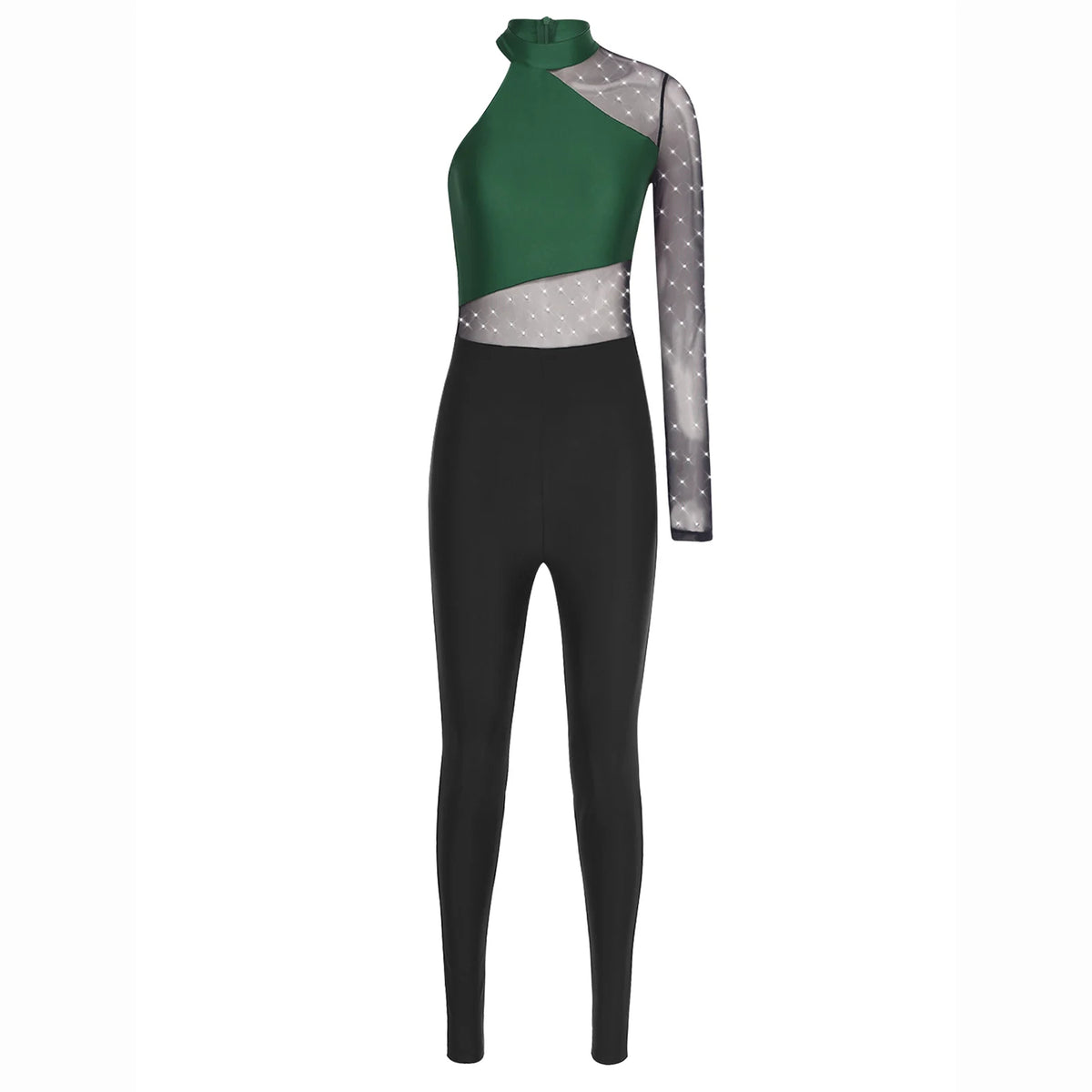 Women's Rhinestone Sheer Mesh Dance Jumpsuit | Mock Neck & One-Shoulder Styles | Gymnastics & Performance