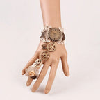 Steampunk Gear Bracelet with Finger Ring | Black & Khaki